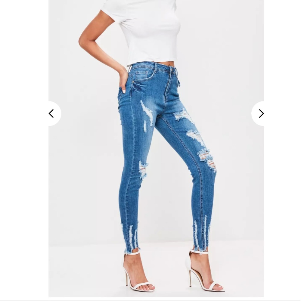 blue sinner high waisted chewed hem skinny jeans